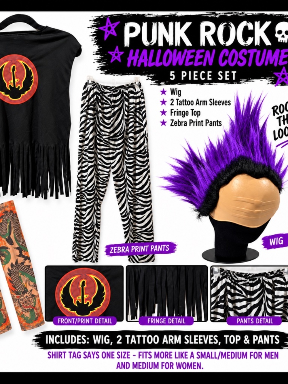 Punk Rock Halloween Costume 5 Pc Set Mohawk Wig Zebra Pants Tattoo Sleeves Fring